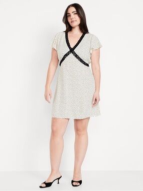 Old Navy black dot Fit & Flare Crepe Lace-Trim mini dress